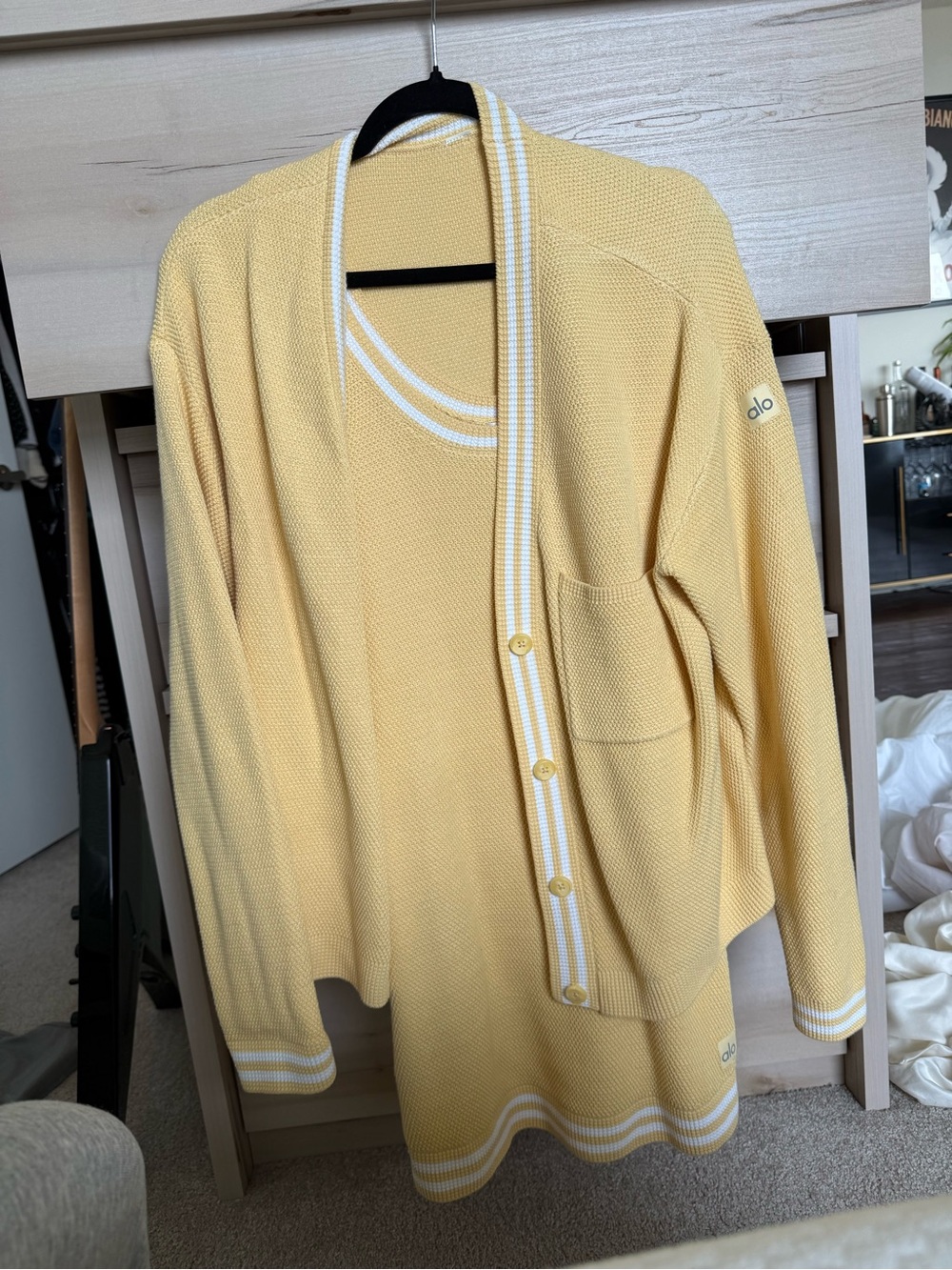 ALO Yoga Lemon Yellow Knit Cardigan with White Stripe Trim